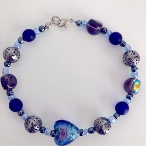*New Glass Lampworks Heart Beaded Handmade Bracelet Royal Blue Periwinkle Gifts